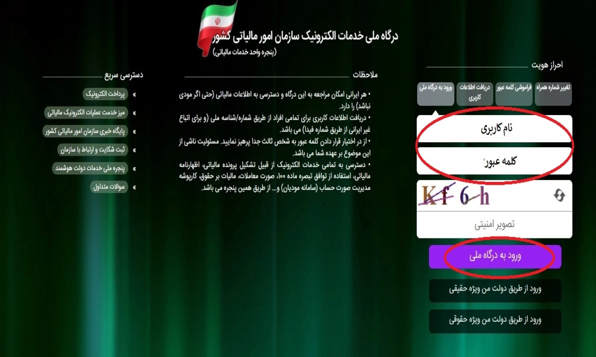 اسکرینشات از صفحه اصلی سایت سامانه مودیان (tax.gov.ir) که صفحه ورود به سامانه را نشان میدهد.